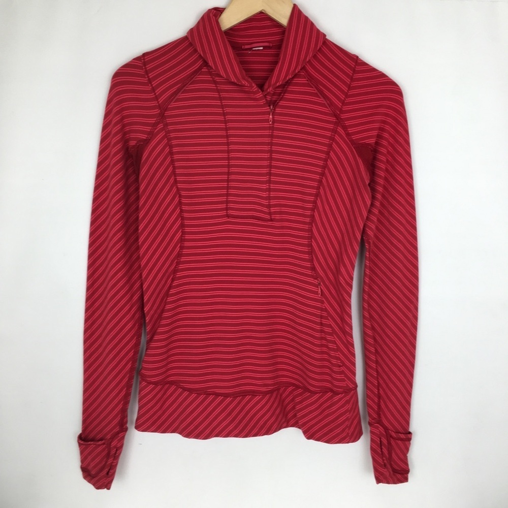 Lululemon 1/2 Zip Pullover Top Thumb Hole Striped Red Pink Women’s Sz 6 Athletic